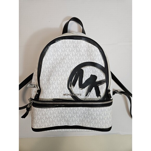 Michael Kors Rhea Zip Backpack Black and White Silver-Color Hardware